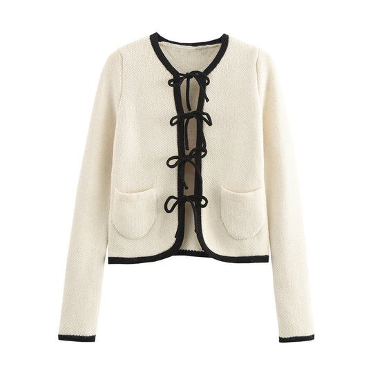 Damen Elegante Strickjacke mit raffinierten Schleifen und Taschen EB