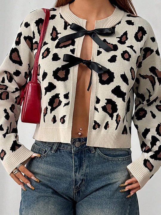 Damen Stilvolle Leopardenstrickjacke mit Bindebändern EB