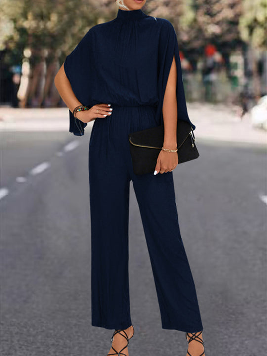 Damen Eleganter Jumpsuit mit fließendem Cape-Design und hochgeschlossenem Ausschnitt EB