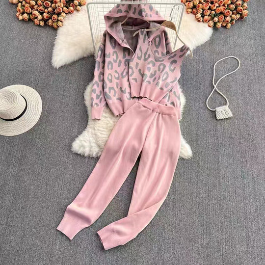 Damen lässiges Hoodie- und Jogginganzug-Set mit Leopardenmuster EB
