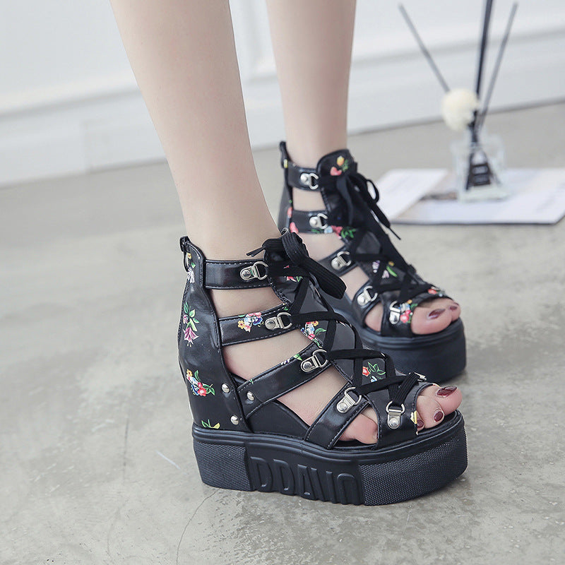 Damen Wedge-Sandaletten mit modischem Floral-Design und elastischen Riemen EB