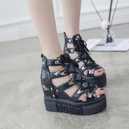 Damen Wedge-Sandaletten mit modischem Floral-Design und elastischen Riemen EB