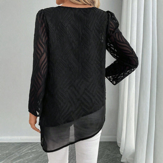 Damen Elegantes Transparente Bluse mit Wellenmuster EB
