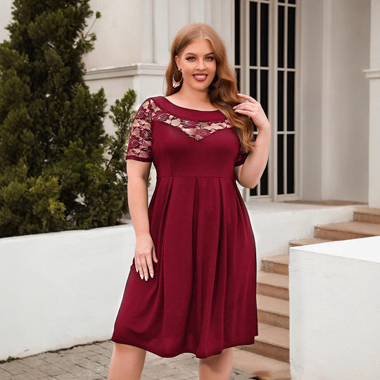 Damen Elegantes Kleid mit Spitzenärmel und schwingendem Rock EB