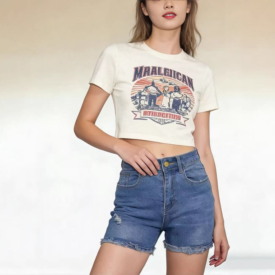 Damen lässige High-Waist Denim-Shorts mit Fransen und modischen Destroyed-Details EB