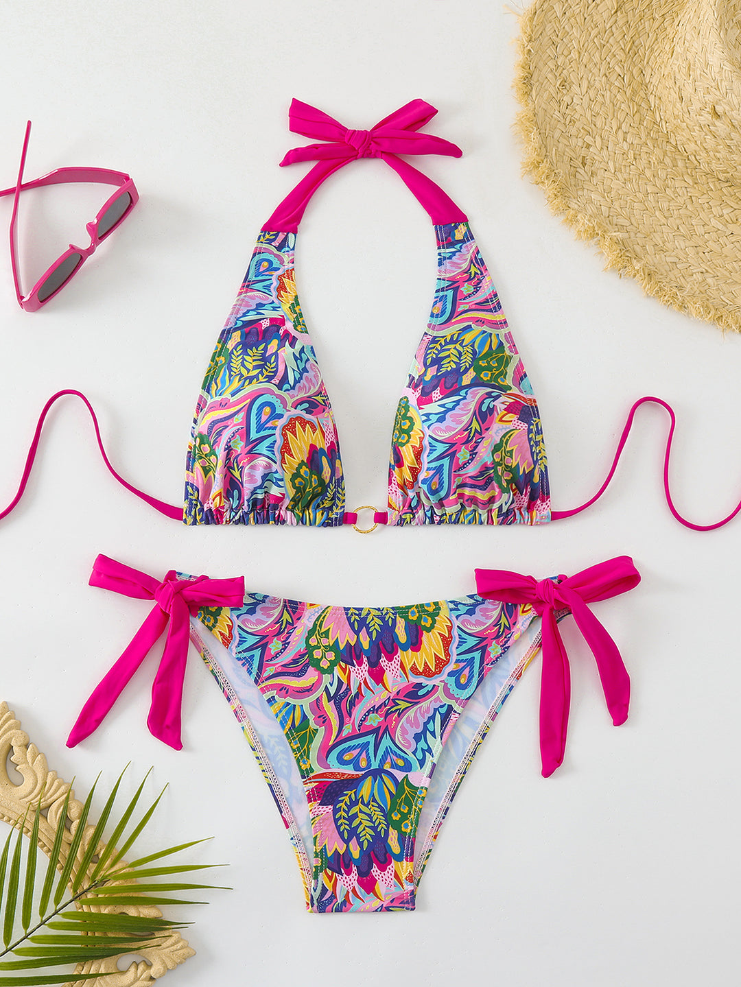 Damen Bikini-Set mit buntem Floral-Design und verstellbaren Bindebändern EB