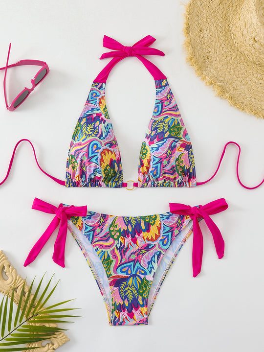 Damen Bikini-Set mit buntem Floral-Design und verstellbaren Bindebändern EB