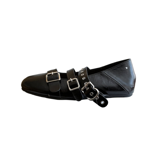 Damen Stilvolle Ballerinas mit doppeltem Riemen und modischen Schnallen EB
