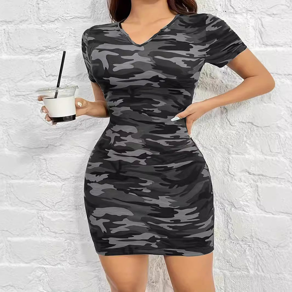 Damen figurbetontes Camouflage-Kleid mit V-Ausschnitt und elastischem Material EB