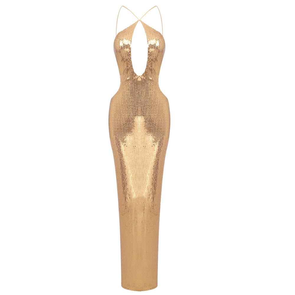 Damen Elegantes Abendkleid mit tiefem V-Ausschnitt und schimmerndem Material EB