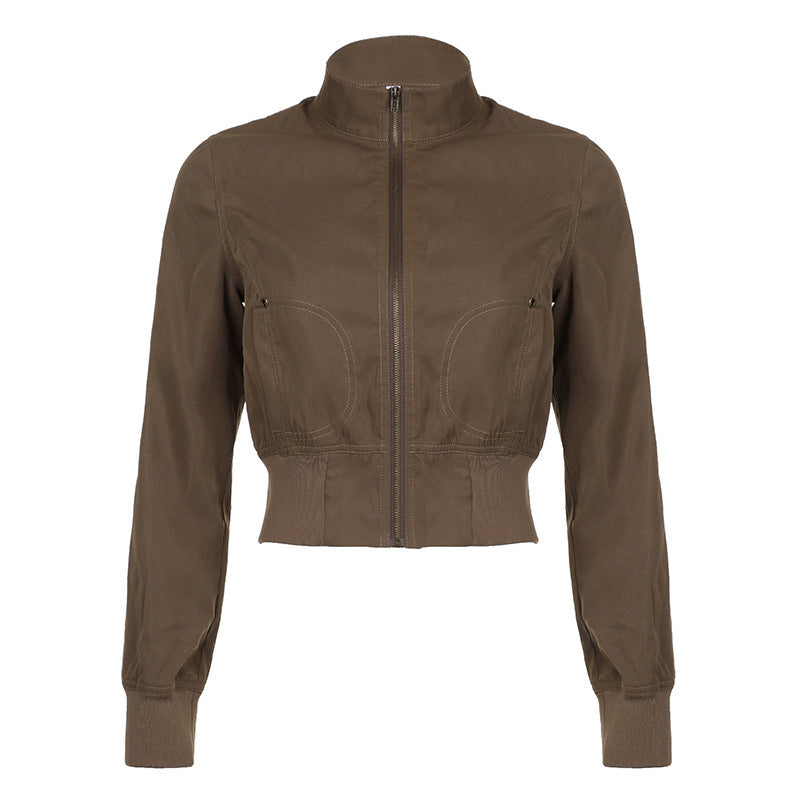 Damen modische cropped Jacke mit Stehkragen und Reißverschluss EB