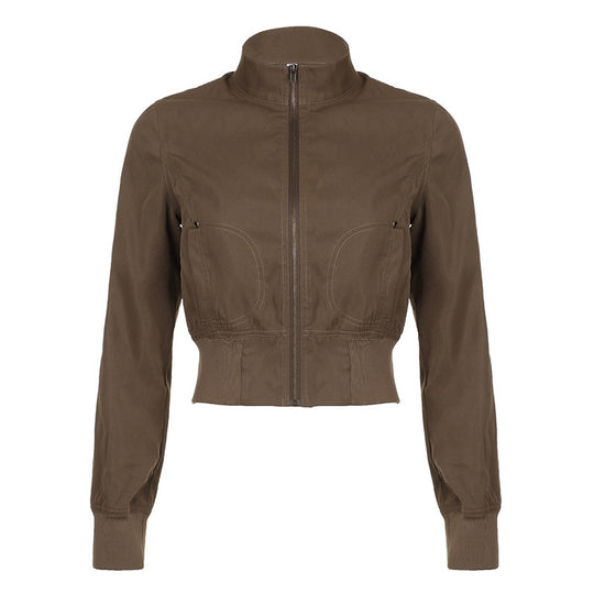 Damen modische cropped Jacke mit Stehkragen und Reißverschluss EB