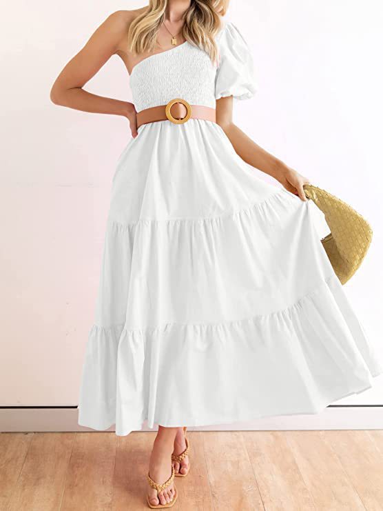 Damen Maxikleid mit asymmetrischem Trägerdesign und voluminösem Rock EB