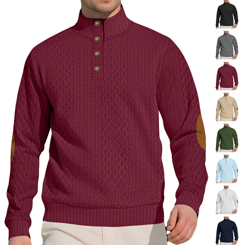 Herren nan edler Knopfsweater im Zopfmuster mit hohem Stehkragen und Wildleder-Ellenbogenpatches EB