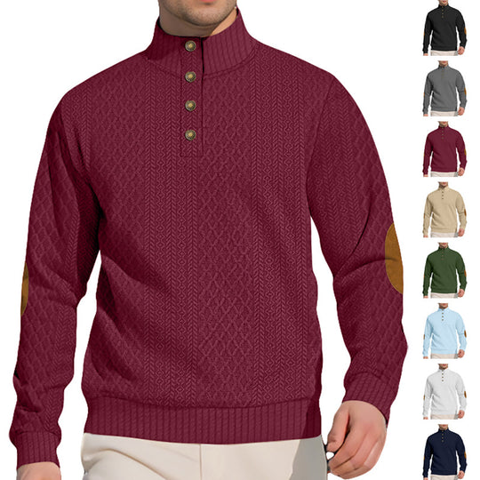 Herren nan edler Knopfsweater im Zopfmuster mit hohem Stehkragen und Wildleder-Ellenbogenpatches EB