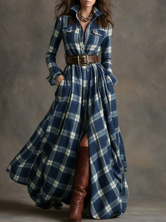 Damen nan karierte Maxikleid Hemdblusenkleid mit ausgestelltem Rock und breitem Taillengürtel EB