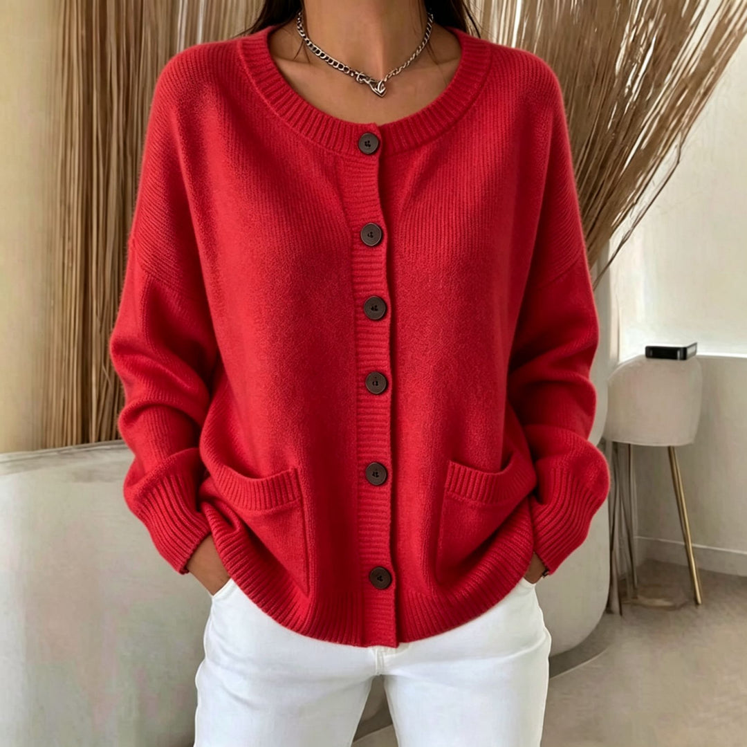 Damen Knopf-Cardigan mit Rundhals, aufgesetzten Taschen und Raglanärmeln EB