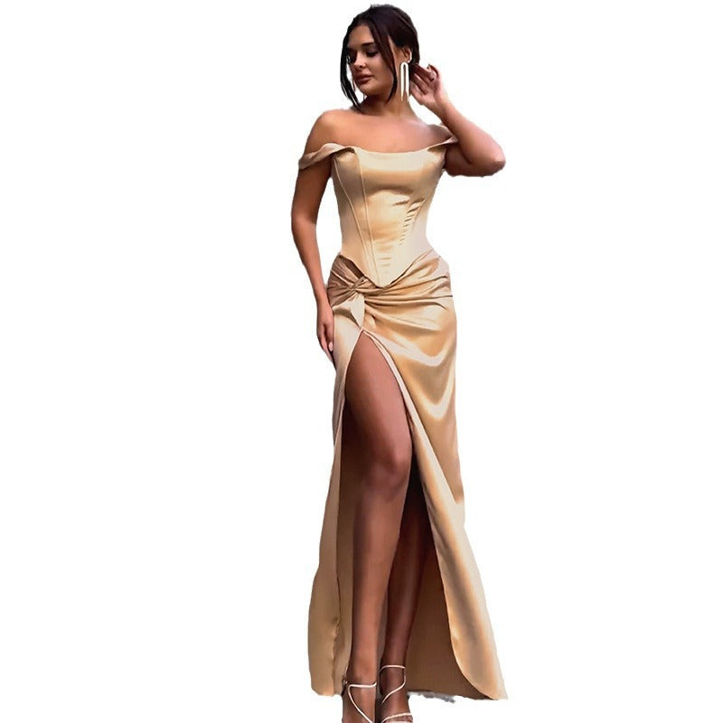 Damen Elegantes Abendkleid mit schulterfreiem Schnitt und hohem Schlitz EB