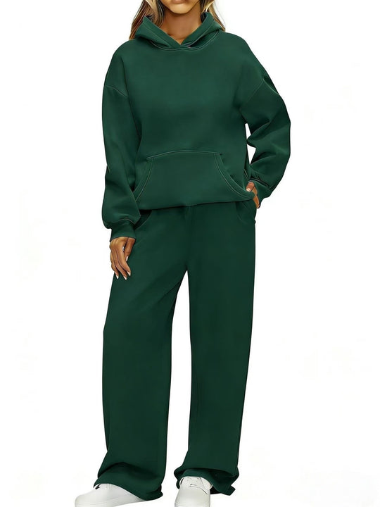 Damen nan Cozy-Loungewear-Set mit oversized Kapuzenpullover, Kängurutasche und weiten Palazzo-Jogginghose EB