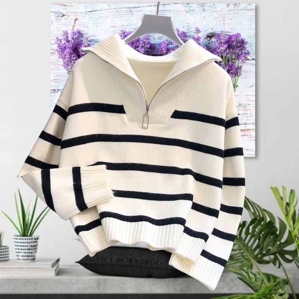 Damen gestreifter Pullover mit hohem Kragen und Reißverschluss EB