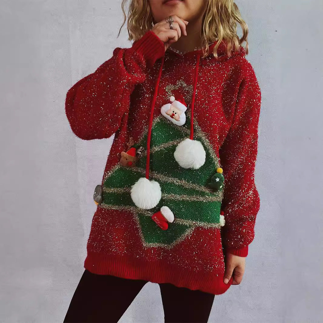 Damen festlicher Hoodie mit weihnachtlichem Motiv und 3D-Applikationen EB