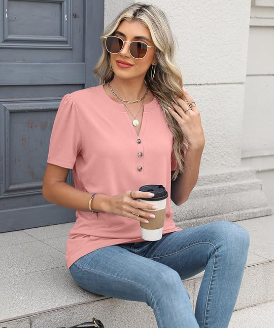 Damen modisches T-Shirt mit Knopfdetail und kurzen Ärmeln EB
