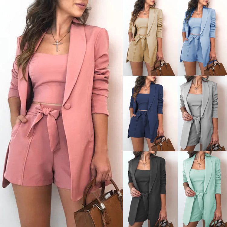 Damen nan tailliertes Blazer-Shorts Set mit Bandeau Top und Bindegürtel EB