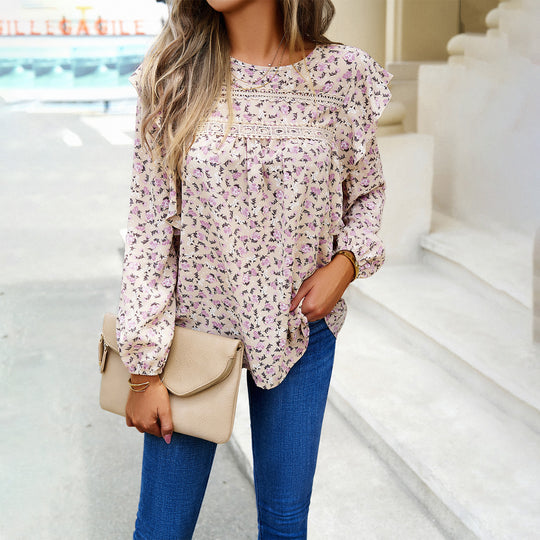 Damen nan romantische Hemdblusenbluse mit Spitzenborte, Volantärmel und lockerer Tunika-Silhouette EB