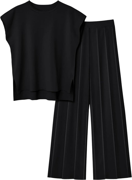 Damen elegantes Set mit kurzärmligem Oberteil und plissierter Hose EB
