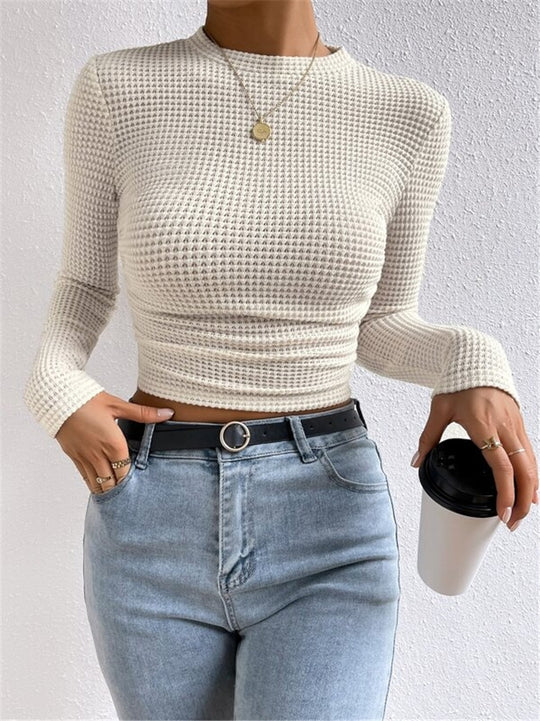 Damen modisches langärmliges Crop-Top mit Waffelstruktur EB