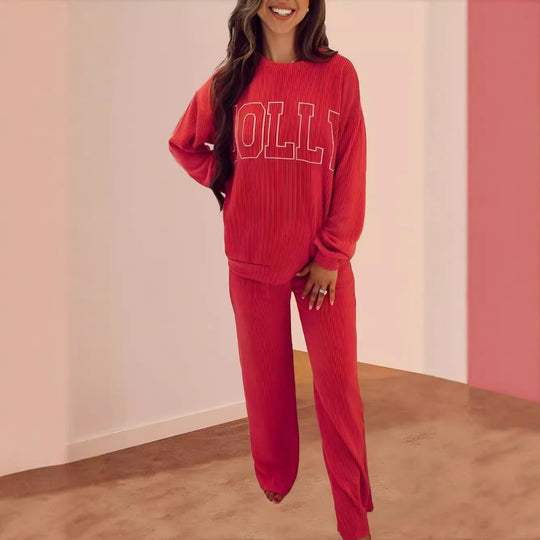 Damen Lässiges Sweatset mit Rippenstruktur und auffälligem Schriftzug EB