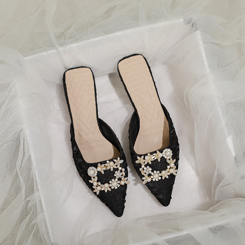 Damen elegante spitze Mules mit luxuriösem Schmuckdetail EB