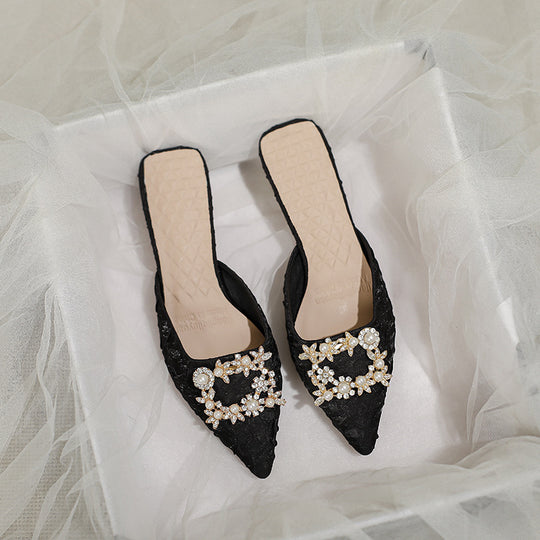 Damen elegante spitze Mules mit luxuriösem Schmuckdetail EB