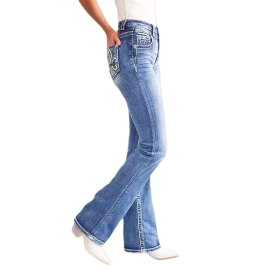 Damen Flared Jeans im Vintage-Stil mit hochgradigem Detail und raffinierten Stickereien EB