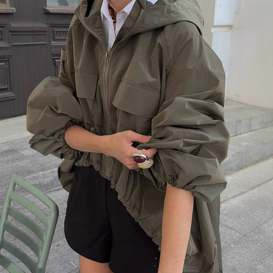Damen Übergangsjacke mit Kapuze und voluminösen Ärmeln EB
