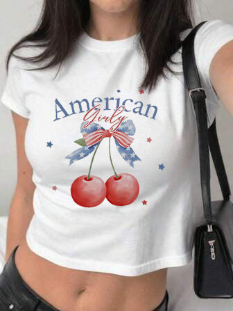 Damen figurbetontes Kurzarm-T-Shirt mit verspieltem Aufdruck EB