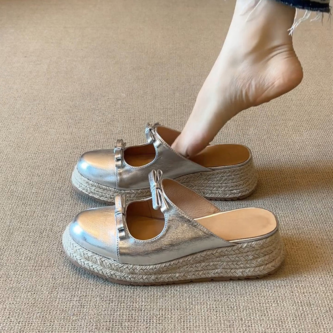 Damen komfortable Espadrilles-Pantoletten mit Schleifen-Applikation EB