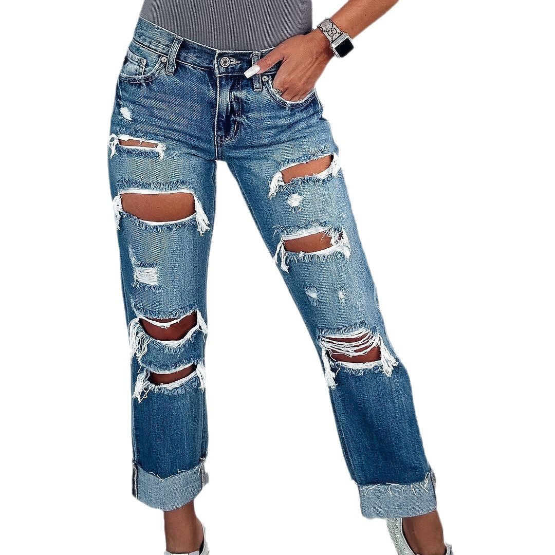 Damen Ripped Boyfriend Jeans im angesagten Vintage-Look mit weitem Bein EB