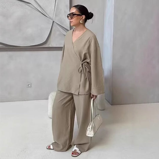 Damen Wickelbluse und Palazzo-Hose Set EB