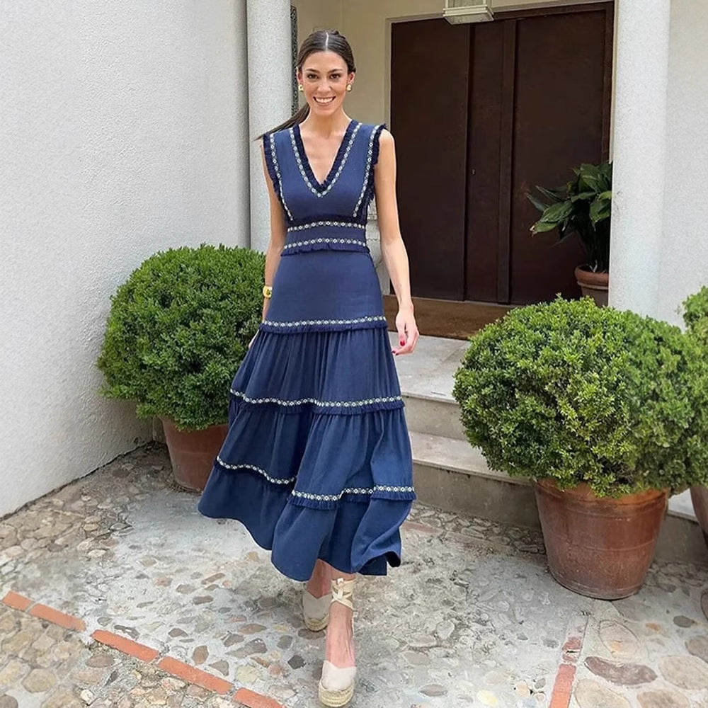 Damen Maxikleid mit elegantem V-Ausschnitt und Rüschendetails EB
