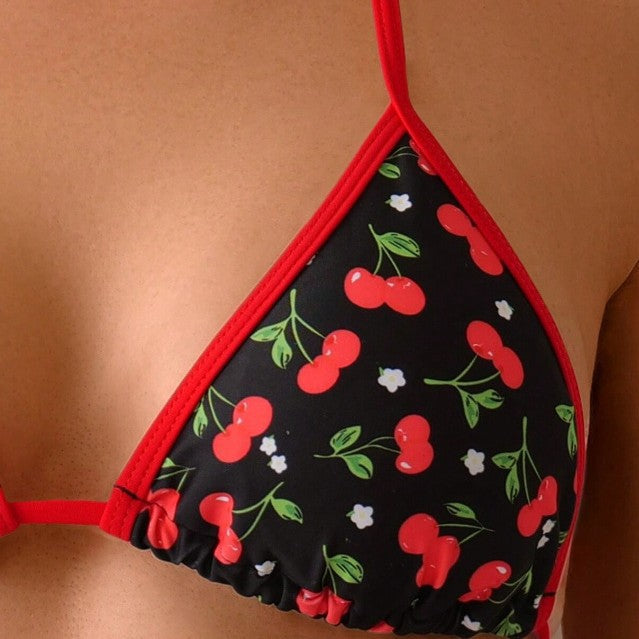 Damen Triangel-Bikini mit fruchtigem Kirschmuster und verstellbaren Bändern EB