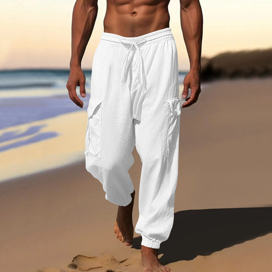 Herren nan luftige Leinen-Mix Strandhose mit Cargo-Taschen und elastischem Saum EB