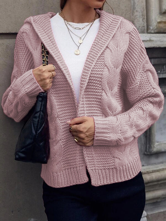 Damen Grobstrickjacke mit Kapuze und aufwendigem Zopfmuster EB