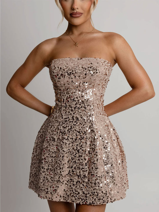 Damen Cocktailkleid mit funkelnden Pailletten und schulterfreiem Design EB