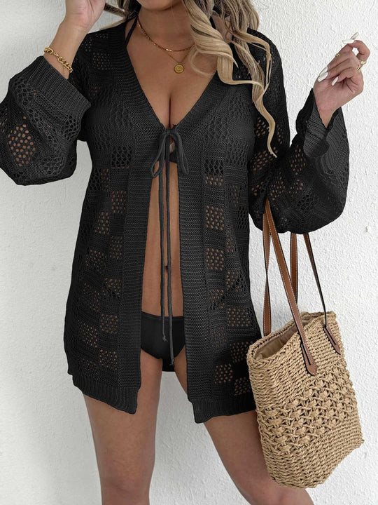 Damen lässiger Häkel-Strandüberwurf mit tiefem V-Ausschnitt und eleganten Details EB
