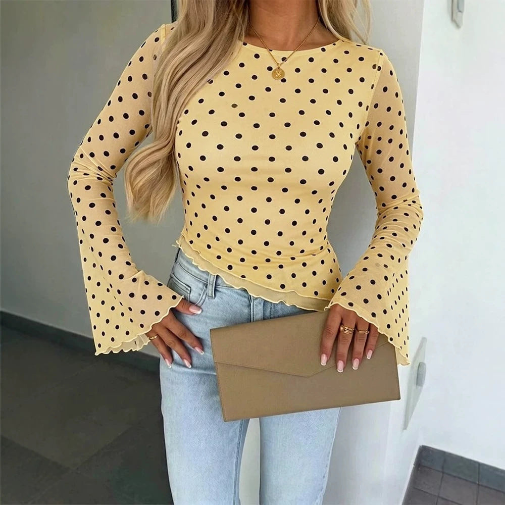 Damen Transparente Mesh-Polka‑Dot-Bluse mit taillierter Passform und Glockenärmeln EB