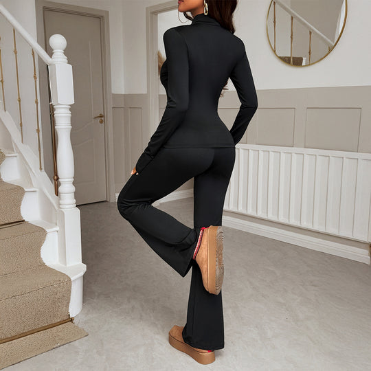Damen nan figurbetontes Stretch-Joggingset mit taillierter Reißverschluss-Jacke und ausgestellter Schlaghose EB