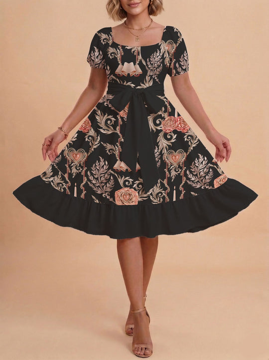 Damen Retro Maxikleid mit Puffärmeln und Taillengürtel EB
