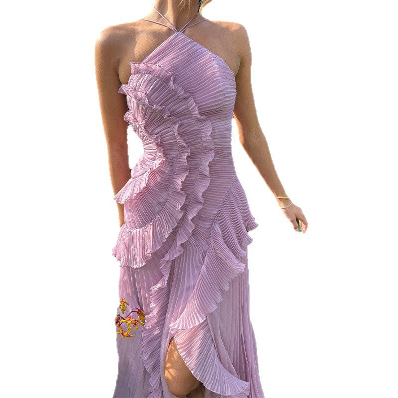 Damen Elegantes plissiertes Maxikleid mit asymmetrischem Design EB