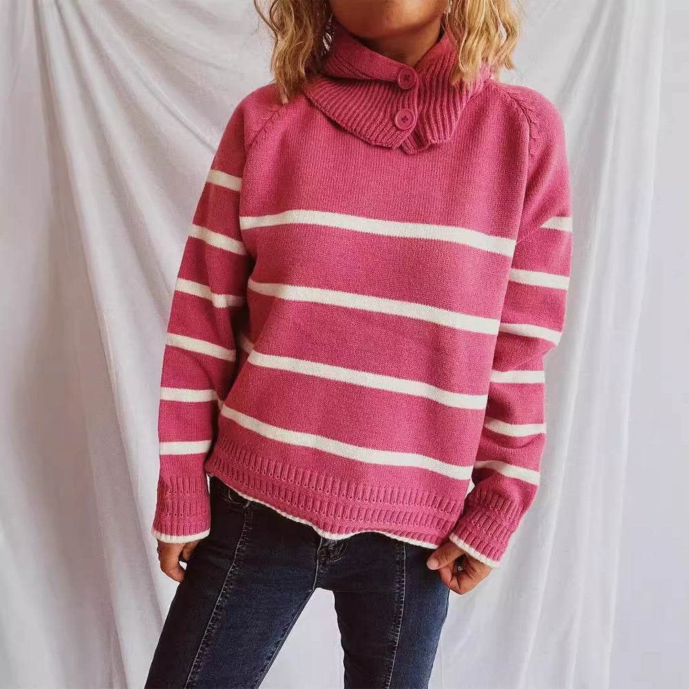 Damen lässiger Pullover mit strukturiertem Kragen und modischem Streifenmuster EB